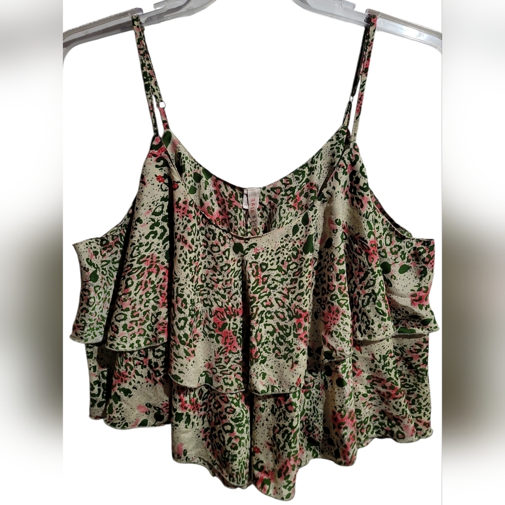 Raga Camisole 2X Animal print ruffles pink green festive ruffles